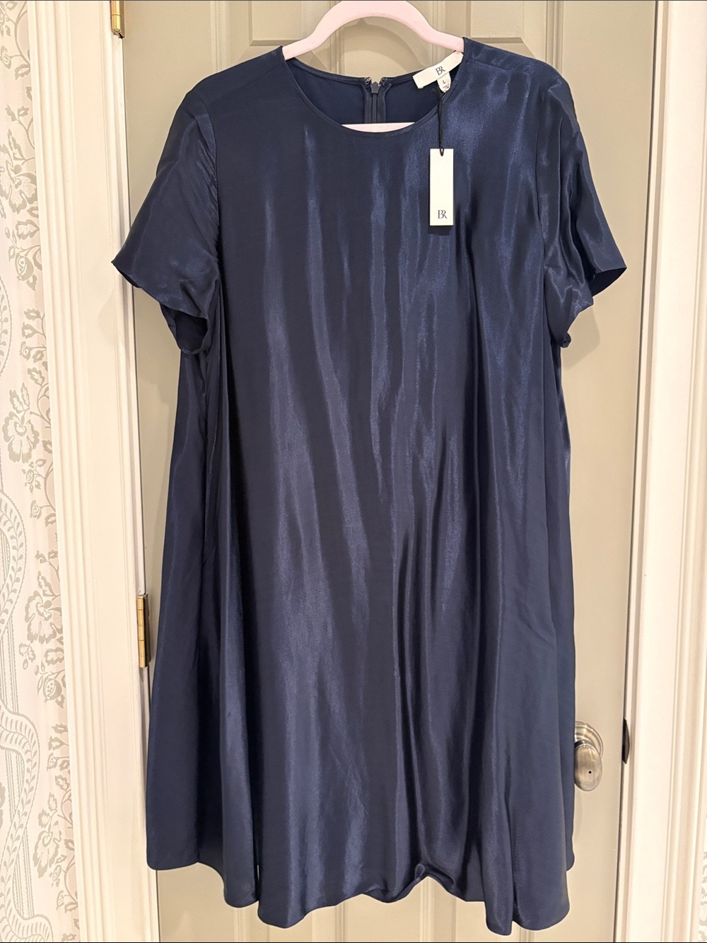 Banana Republic Navy Blue Satin Short Sleeve A-Line Dress